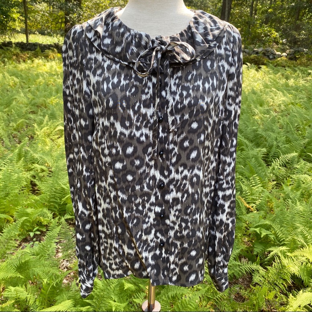 KATE SPADE BLOUSE TOP BLACK WHITE ANIMAL PRINT SILK LONG SLEEVE Size 6